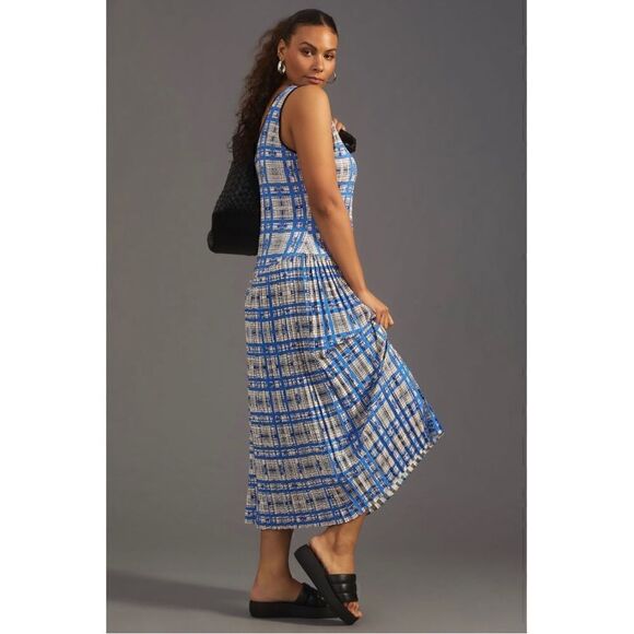 NEW Anthropologie Dhruv Kapoor Blue Plaid Mesh Scoop Neck Midi Dress Plus 2X - Picture 4 of 8